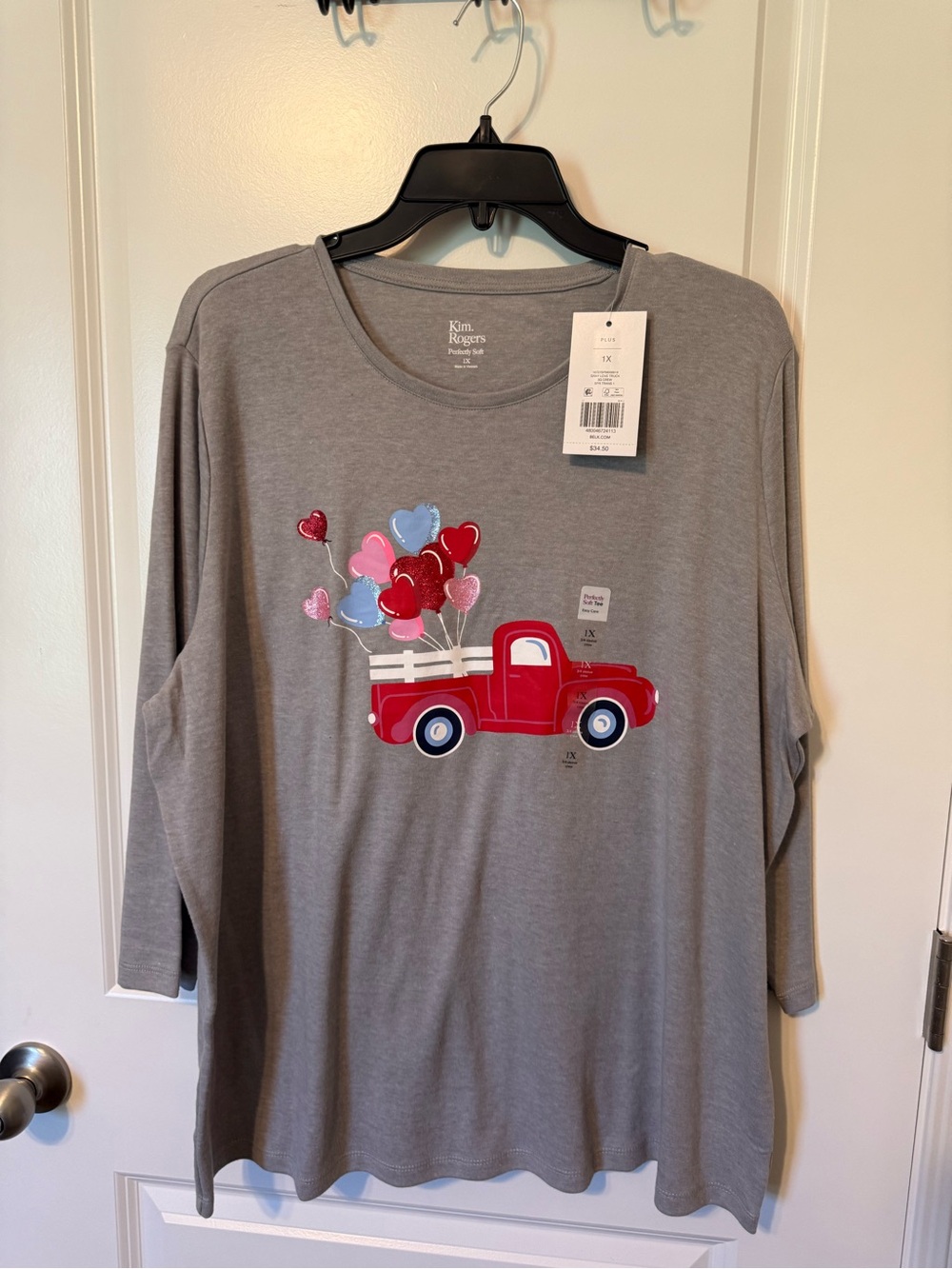 Kim Rogers Gray Long Sleeve Tee with Red Truck and Pink/Blue Heart Balloons